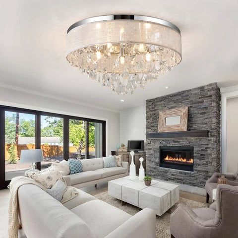 Flush Mount Ceiling Light Fixture With Crystal Chandelier 19.5 Inch Drum Modern Pendant K9 Crystals Fabric Shade in living room