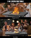 32 Inch Propane Fire Pit Table With Two Drink Holders Lid And Lava Rock 50000 BTU Outdoor Gas Fire Pit For Patio Garden Yard Dining And Backyard Parties, shown with flames and used as a table.