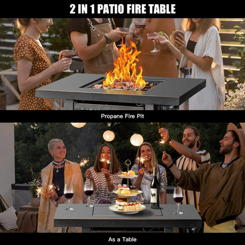 32 Inch Propane Fire Pit Table With Two Drink Holders Lid And Lava Rock 50000 BTU Outdoor Gas Fire Pit For Patio Garden Yard Dining And Backyard Parties, shown with flames and used as a table.