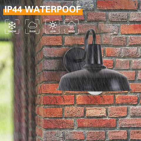 Gooseneck Barn Light Outdoor Wall Mount Fixture In Black Exterior With White Interior For Industrial Farmhouse Porch Garage Backyard All Weather Durable 14.2 Inch Sconce showing IP44 waterproof on brick wall in rain
