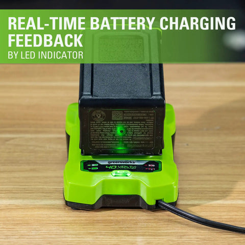 40V Li Ion Battery Charger with Diagnostic LED and Wall Mount for Fast Charge on wooden surface