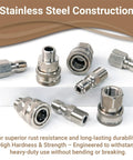 Front view: Cenforge stainless steel 8-piece 3/8 in quick-connect pressure washer fittings, male and female threads