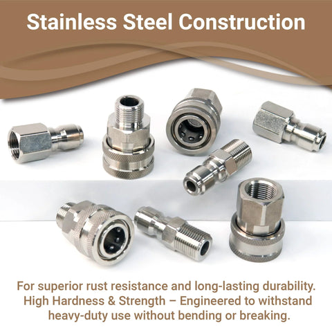 Front view: Cenforge stainless steel 8-piece 3/8 in quick-connect pressure washer fittings, male and female threads