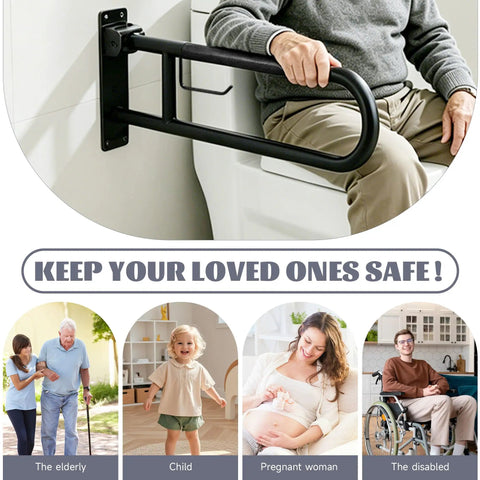 Rock Solid 22.5 Inch Toilet Grab Bar With Non Slip Flip Up Design And Built In Paper Holder Hella Sturdy 304 Stainless Steel for bathroom safety.
