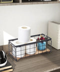 Sturdy Metal Wire Toilet Paper Organizer Basket With Wood Base Holds Two Rolls And Extra Decor Box on shelf