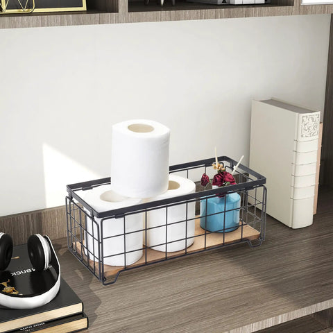 Sturdy Metal Wire Toilet Paper Organizer Basket With Wood Base Holds Two Rolls And Extra Decor Box on shelf
