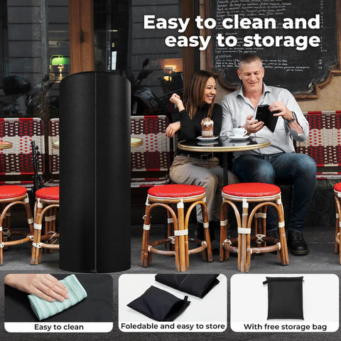 Rugged Heavy Duty Patio Heater Cover for Tower Style Heaters shown with easy to store bag and cleaning features, Oxford fabric.