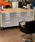 UltraHD Rolling Workbench Granite Finish With Locking 2 Door Cabinet Full Width Shelf 11 Drawers Mobile Cart in salon