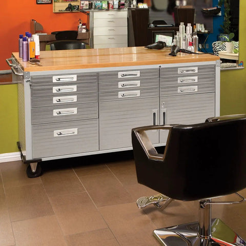 UltraHD Rolling Workbench Granite Finish With Locking 2 Door Cabinet Full Width Shelf 11 Drawers Mobile Cart in salon