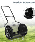 24 Inch Lawn Compost Spreader and Lawn Roller with metal mesh design, dimensions shown, for topdressing fertilizer use.