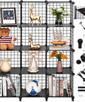 12 Cube Metal Wire Storage Organizer With Stackable Grid Shelves displaying decor and books in a modern industrial design.