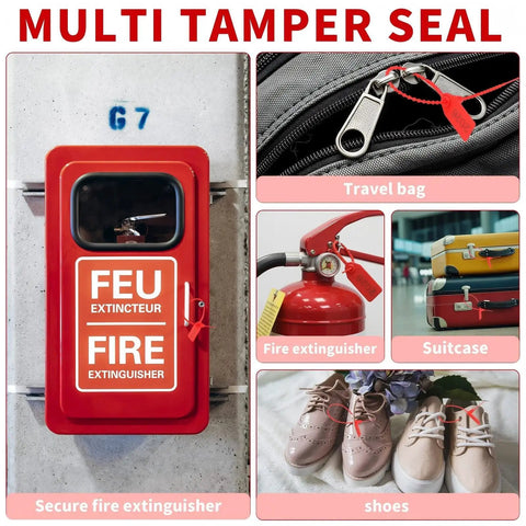 1000 Pack Plastic Tamper-Evident Security Seals With Self-Locking Pull-Tight Zip Ties, 2026 Numbered Red Tags on various items.
