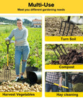 Heavy Duty Four Tine Garden Spading Fork With Ergonomic No Slip D Grip Handles used in soil turning, composting, and potato harvesting.