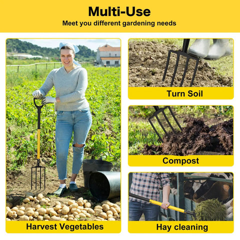 Heavy Duty Four Tine Garden Spading Fork With Ergonomic No Slip D Grip Handles used in soil turning, composting, and potato harvesting.
