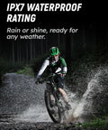 Cyclist in rain showing IPX7 waterproof rating for Avant 700 GPS Bike Computer With 2.8 Inch Touchscreen, Dual Band Satellite Tracking