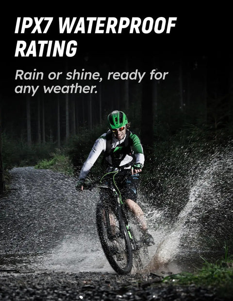 Cyclist in rain showing IPX7 waterproof rating for Avant 700 GPS Bike Computer With 2.8 Inch Touchscreen, Dual Band Satellite Tracking