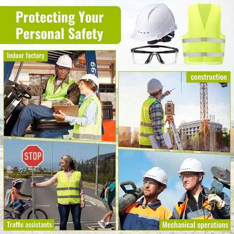 Solid Tradesman Kit Featuring 18 Piece Suspension Hard Hats In Clean White And Safety Yellow Paired With High Vis Mesh Reflective Vests Plus Premium Anti Fog Goggles For The Daily Grind in various work environments.
