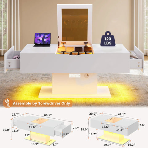 44 Inch LED Coffee Table With 3 Drawers, LED Lights, USB Charging Station And Flip Top Compartment, illuminated with RGB lighting