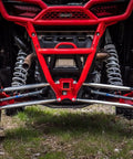 Beefed Up Billet Aluminum Rear Radius Arms For Polaris RZR XP 1000 And XP 4 1000 Models, 1-1/4 Inch 7075 Solid Aluminum Bar Upgrade Over OEM 3/4 Inch, heavy-duty rear suspension arms shown on red RZR