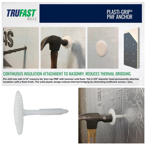 Rock Solid White Plastic Insulation Anchors 250 Pack Heavy Duty Fasteners For Masonry Brick Concrete Stone Walls Zero Thermal Bridging Easy Hammer Install Lock In Thick Foam Boards Now held next to a wall during installation.