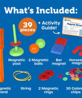 Magnet Movers STEM Kit For Kids with 39 pieces including magnetic wand, post, balls, rings, chips, and activity guide.