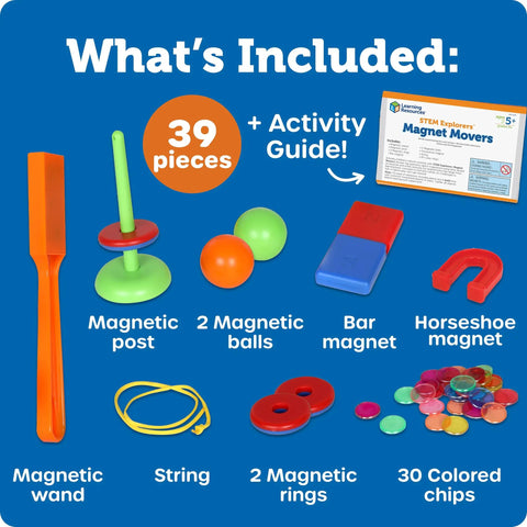 Magnet Movers STEM Kit For Kids with 39 pieces including magnetic wand, post, balls, rings, chips, and activity guide.