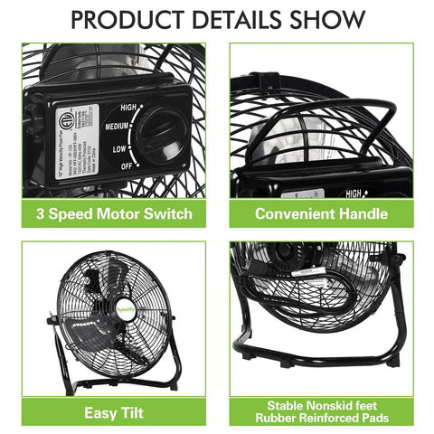 12 Inch High Velocity Floor Fan With Three Speeds Delivers Up To 1650 CFM Heavy Duty Metal Construction Portable Floor Fan Features