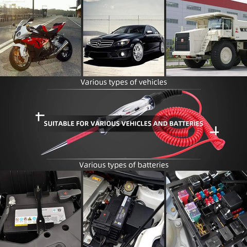 Pro Grade Led Automotive Circuit Tester Light With 6 to 24V Range And 135 Inch PU Extended Spring Wire shown with vehicle types