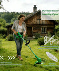 Woman using Cordless Electric Weed Wacker No Cord Hassle With Dual 21V Batteries And Charger 3 In 1 Grass Cutter in garden