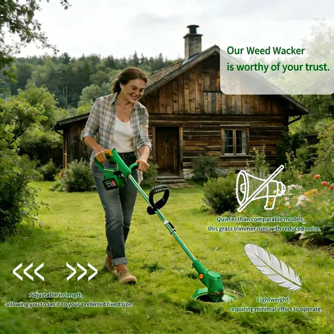 Woman using Cordless Electric Weed Wacker No Cord Hassle With Dual 21V Batteries And Charger 3 In 1 Grass Cutter in garden