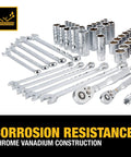 Hella Tough 142 Piece Mechanics Tool Set With Low Profile Ratchet Designed For Tight Engine Bays Featuring 1 4 And 3 8 Inch Drive Standard And Metric Sockets.