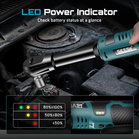 Extended Cordless Electric Ratchet Wrench With Six Inch Long Neck Three Eighth Inch Drive in engine bay with LED power indicator.
