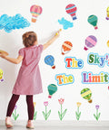 Girl arranging 68 Pcs Hot Air Balloon Classroom Bulletin Board Decorations Kit For Back To School, Inspirational Quote Cutouts
