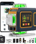 Green Laser Level Pro Grade With 16 Lines And 4x360 Degree Planes Self Leveling Cross Line Projector Side LCD Bluetooth App Remote Pulse Mode For Receiver Lithium Ion Batteries USB C Liftable Stand One Quarter Inch Mount IP54 Case