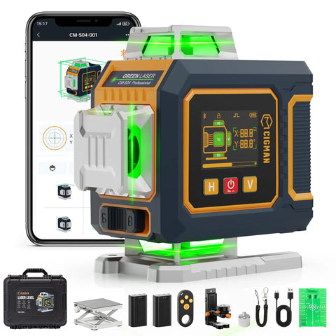 Green Laser Level Pro Grade With 16 Lines And 4x360 Degree Planes Self Leveling Cross Line Projector Side LCD Bluetooth App Remote Pulse Mode For Receiver Lithium Ion Batteries USB C Liftable Stand One Quarter Inch Mount IP54 Case