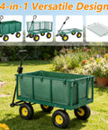 4-In-1 Steel Utility Cart With 880 Lb Capacity in garden setting, heavy duty dump wagon, mesh sides, all-terrain tires visible