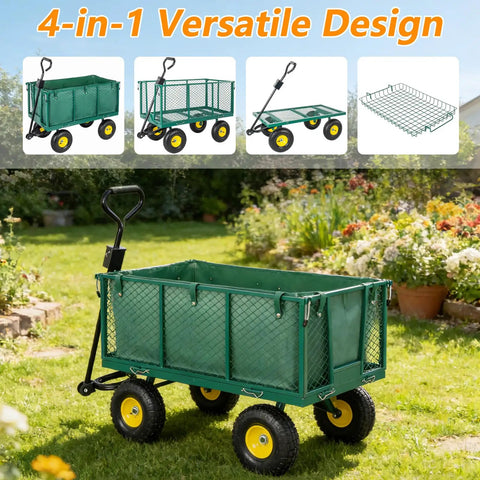 4-In-1 Steel Utility Cart With 880 Lb Capacity in garden setting, heavy duty dump wagon, mesh sides, all-terrain tires visible