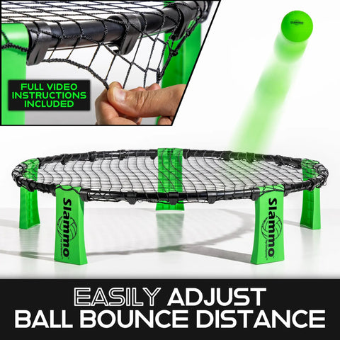 Roundnet Slammo Game Set For Backyard And Beach Fun with adjustable net and green legs, includes ball and video instructions.