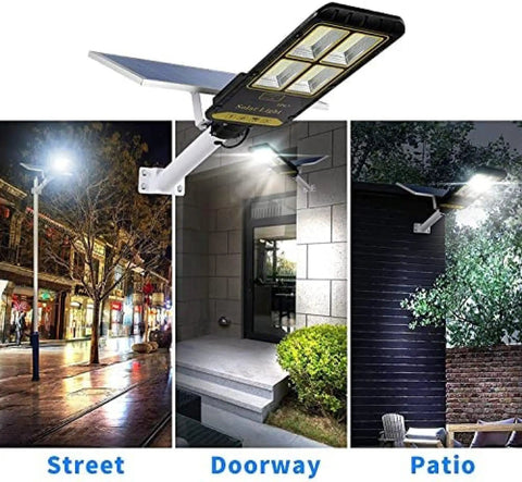 Outdoor Solar Flood Lights With Motion Sensor, Dang Tough Dusk To Dawn LED Security Lighting mounted in street, doorway, patio settings.