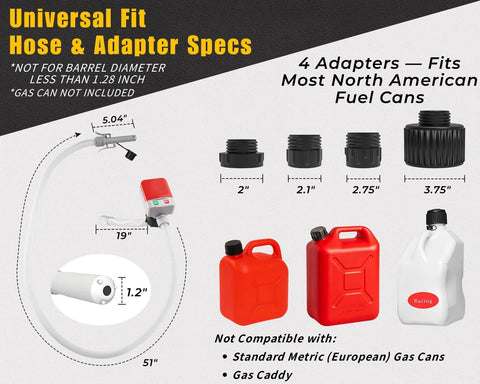 Auto-Stop portable fuel transfer pump, battery/USB powered, with 51-inch hose and four adapters for gasoline and diesel