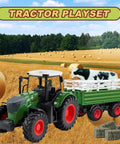 Tractor With Trailer Farm Toy Set For Kids Sixteen Point Five Inch 1 24 Scale with cow and hay bales in a field