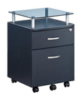 Heavy Duty Two Drawer Rolling File Cabinet With Secure Lock And Sleek Glass Top Fits Under Desk Smooth Chrome Glide Wheels Graphite Finish side view with glass top.