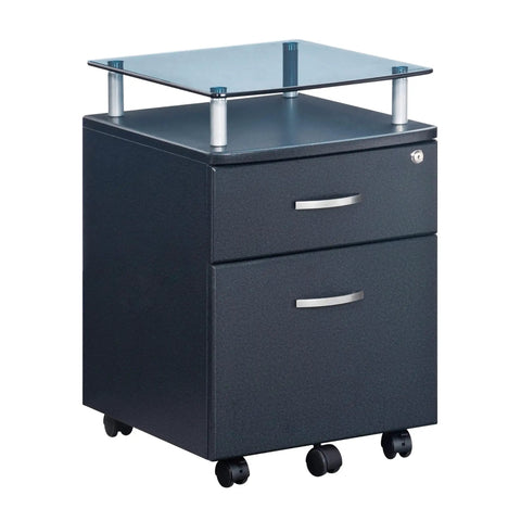 Heavy Duty Two Drawer Rolling File Cabinet With Secure Lock And Sleek Glass Top Fits Under Desk Smooth Chrome Glide Wheels Graphite Finish side view with glass top.