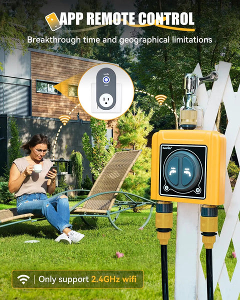 2 Zone WiFi Hose Timer With Brass Inlet And Outlet, Smart Sprinkler Controller attached to outdoor faucet with app control demonstration