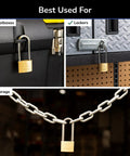 40mm Solid Brass Keyed Padlock Set, 2 Pack in use on toolbox, locker, and storage chain for heavy duty security.