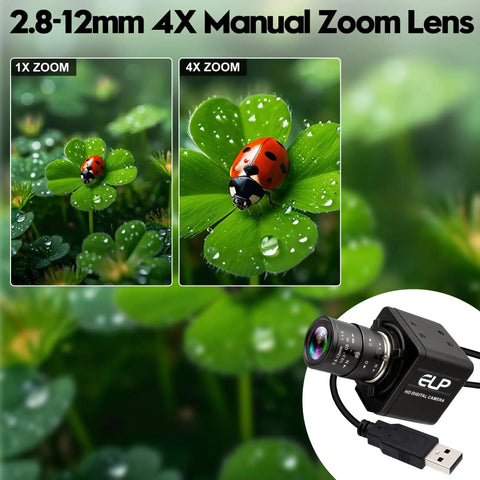 16MP HD USB Camera With 2.8 to 12mm 4X Optical Zoom CS Mount Lens showcasing zoom capability on leaf with ladybug