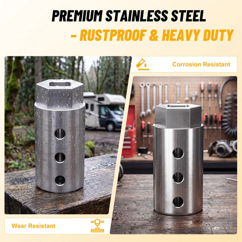 Stainless steel Trailer Jack Drill Adapter One Half Inch for One Inch Drive Jacks in outdoor and workshop settings.