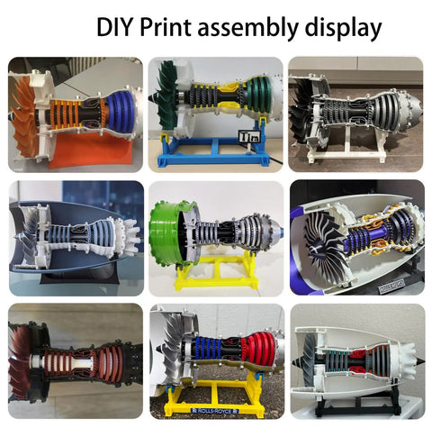 Jet Engine Model Components Kit For Bambu Lab Makerworld MH006 showcased in DIY assembly, various colors and configurations