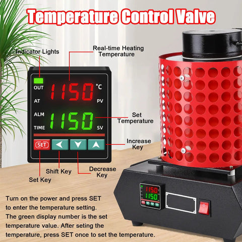 Temperature control display and controls of 1800W Electric Gold Melting Furnace With Graphite Crucible Reaches 1100 Degrees Celsius In Minutes Built For Melting Gold Silver Copper And Aluminum Up To 1kg Fast Heating And Precise PID Control Your Go To Jewelry And Metal Casting Tool.