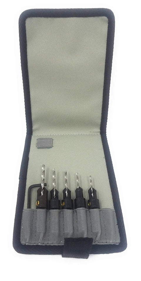 Quick Change Five Piece Countersink Drill Bit Set With Case One Step Drill Countersink And Counterbore For Sizes Four Through Twelve Wood Screws Made In The USA